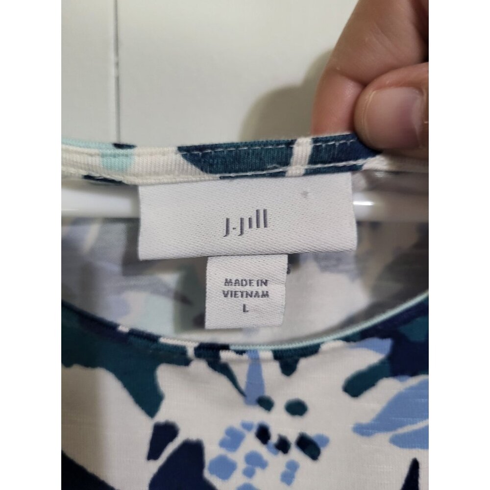 J Jill Women's LG Dress Floral Ruffle Short Sleeve Stretch Blue White Pockets - Picture 4 of 7